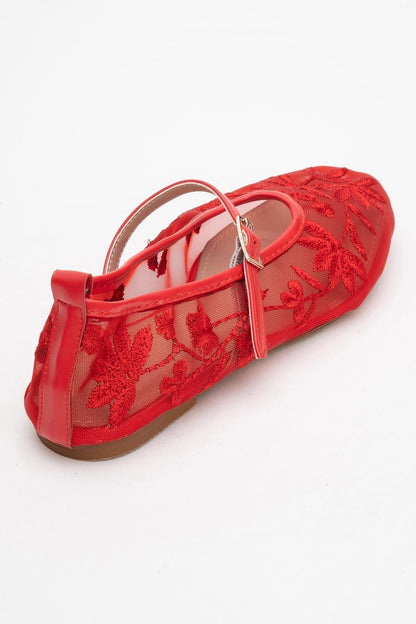 Juny Red Mesh Floral Embroidery Ballet Flat (Women)