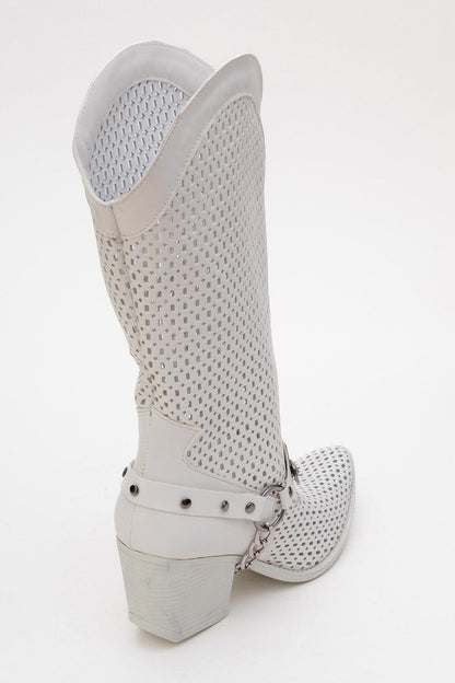 Liza White Block Heel Western Boot (Women)