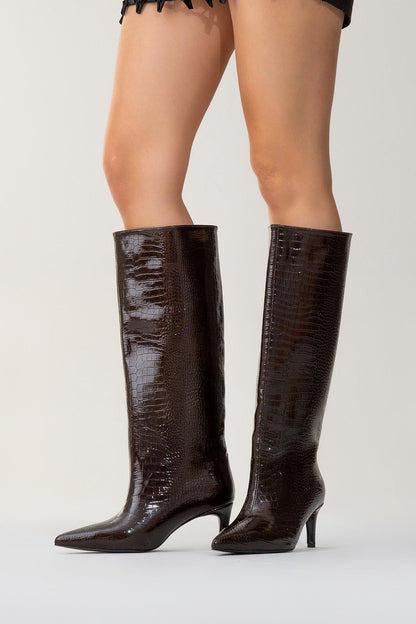 Camila Brown Printed Knee High Boot (Women)