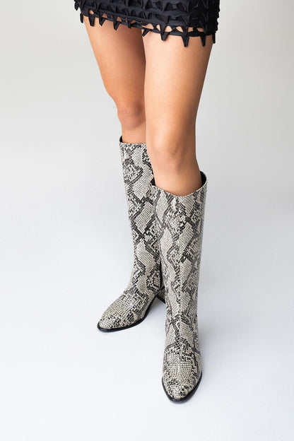 Elly Black White Pattern Block Heel Boot (Women)