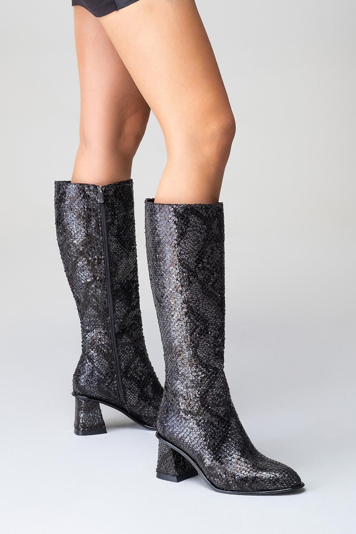 Elly Black Pattern Block Heel Boot (Women)