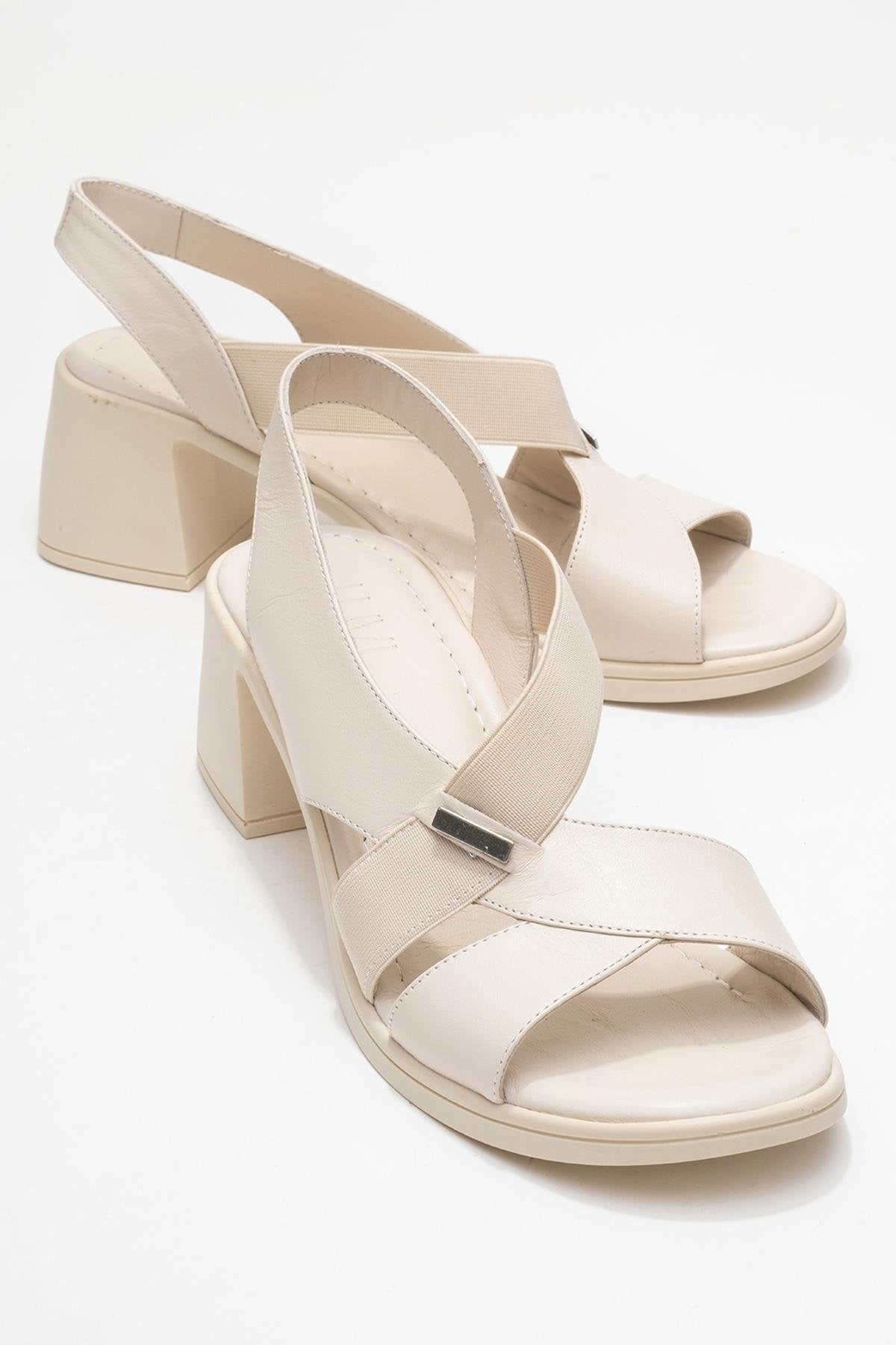 Crina Beige Elasticated Leather Chunky Heel Sandal (Women)