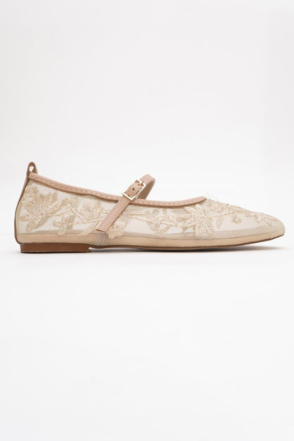 Juny Beige Mesh Floral Embroidery Ballet Flat (Women)