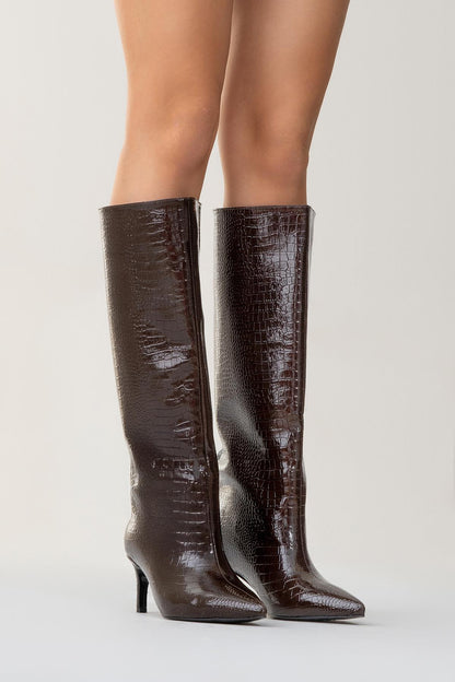 Camila Brown Printed Knee High Boot (Women)