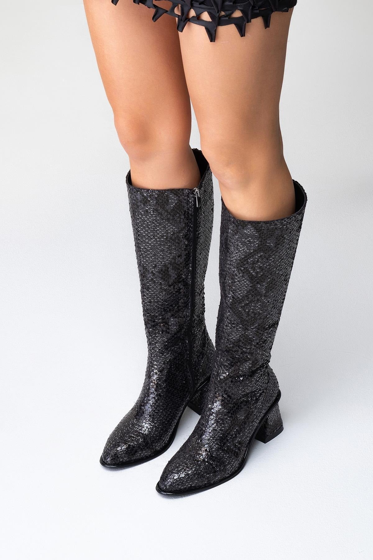 Elly Black Pattern Block Heel Boot (Women)