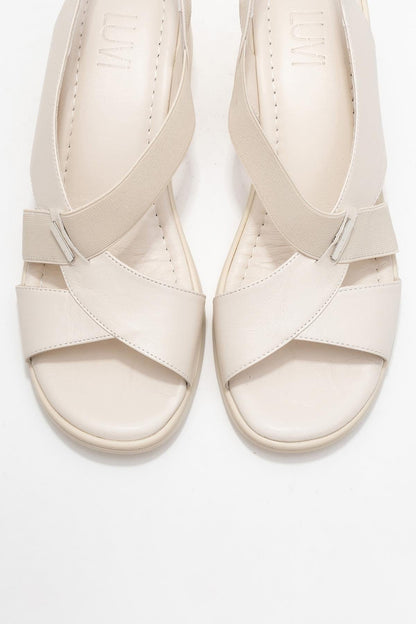 Crina Beige Elasticated Leather Chunky Heel Sandal (Women)
