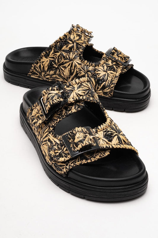 Milana Black Leather Double‑Strap Slide (Women)