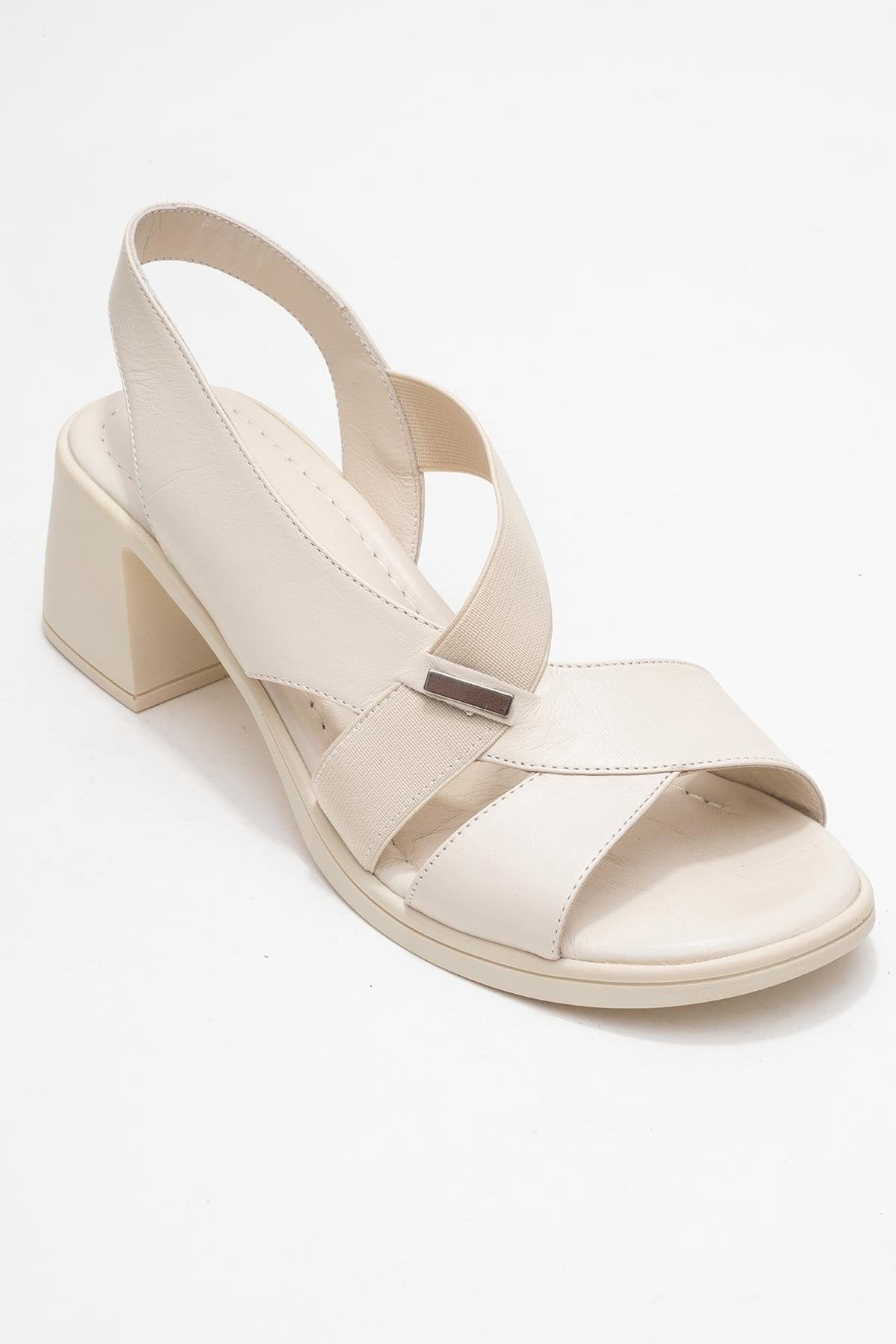 Crina Beige Elasticated Leather Chunky Heel Sandal (Women)