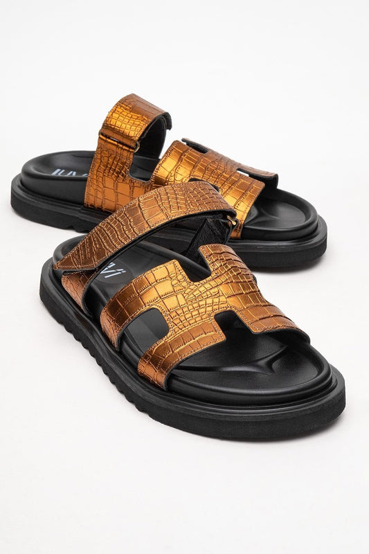 Loana Bronze Leather Slide Sandal (Women)