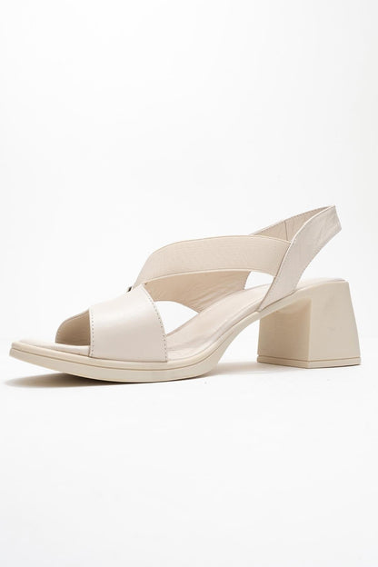 Crina Beige Elasticated Leather Chunky Heel Sandal (Women)