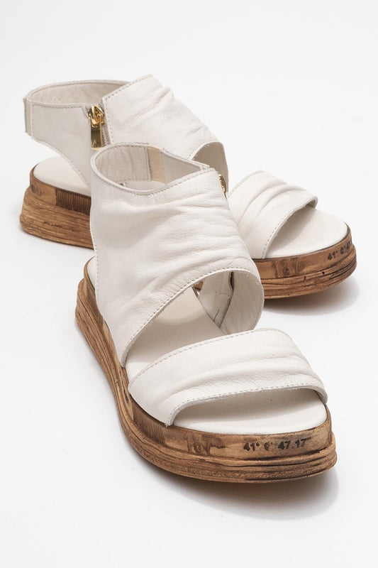 Lunas Cream Leather Side‑Zip Flat Heel Sandal (Women)