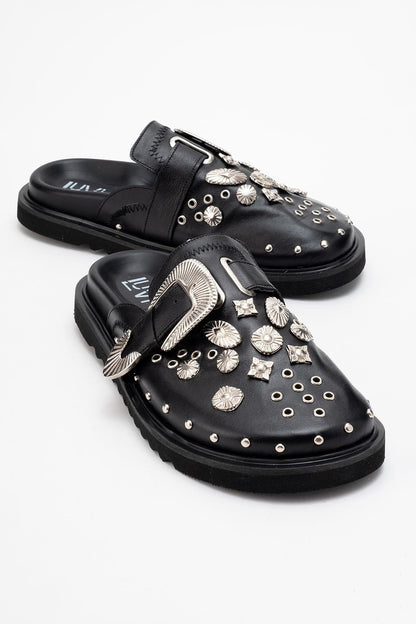 Maril Black Leather Buckle Slide (Women)