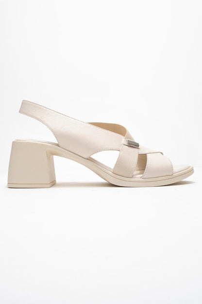 Crina Beige Elasticated Leather Chunky Heel Sandal (Women)