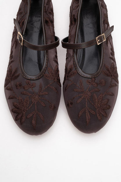 Juny Brown Mesh Floral Embroidery Ballet Flat (Women)