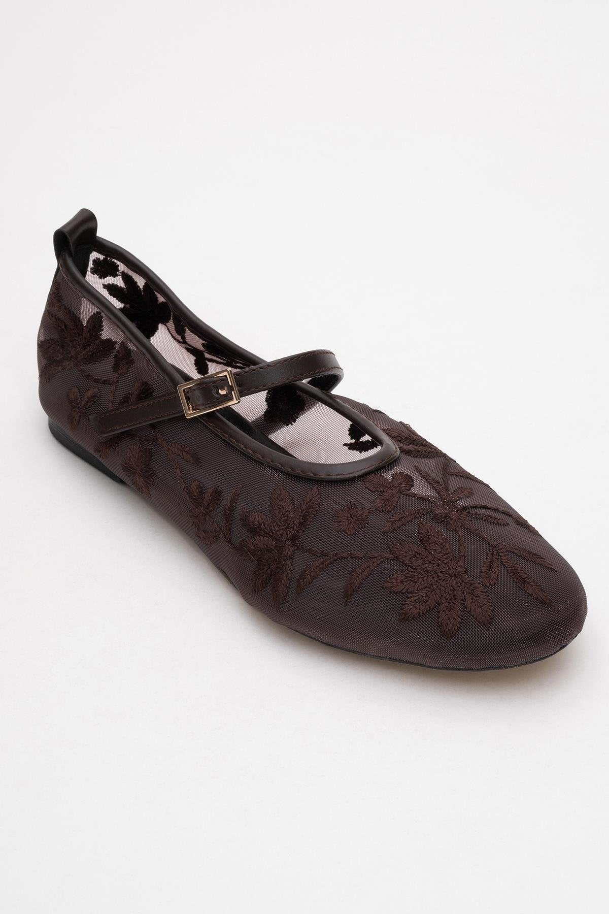 Juny Brown Mesh Floral Embroidery Ballet Flat (Women)