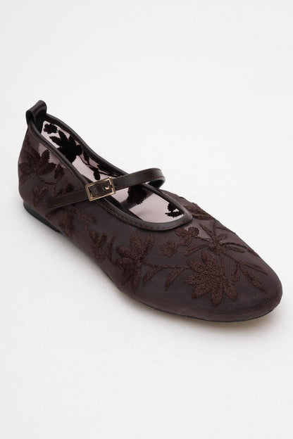 Juny Brown Mesh Floral Embroidery Ballet Flat (Women)