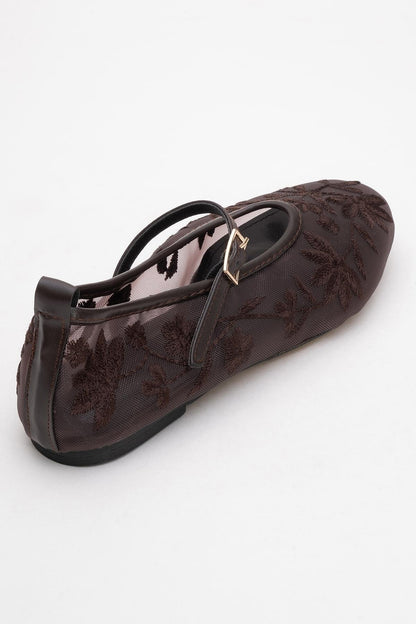 Juny Brown Mesh Floral Embroidery Ballet Flat (Women)
