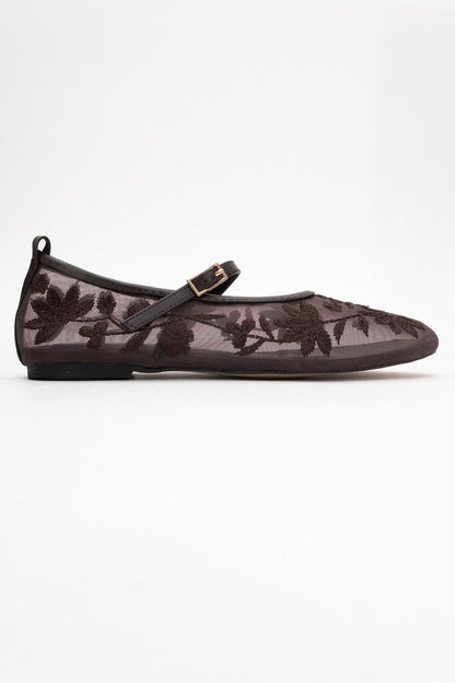 Juny Brown Mesh Floral Embroidery Ballet Flat (Women)