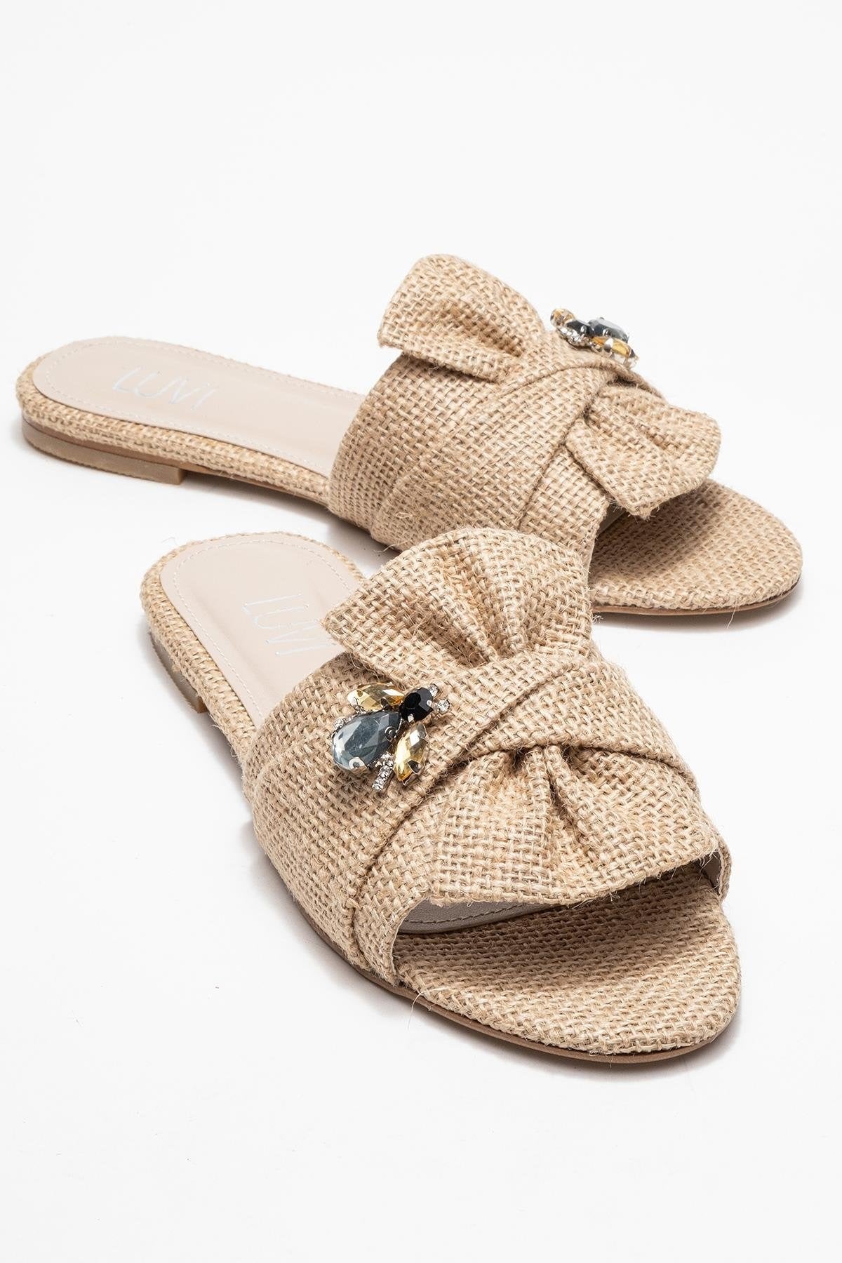 Daphne Beige Raffia Bow Slide Sandal (Women)