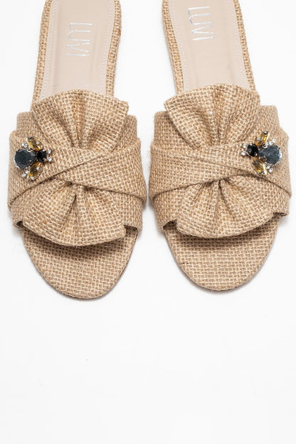 Daphne Beige Raffia Bow Slide Sandal (Women)
