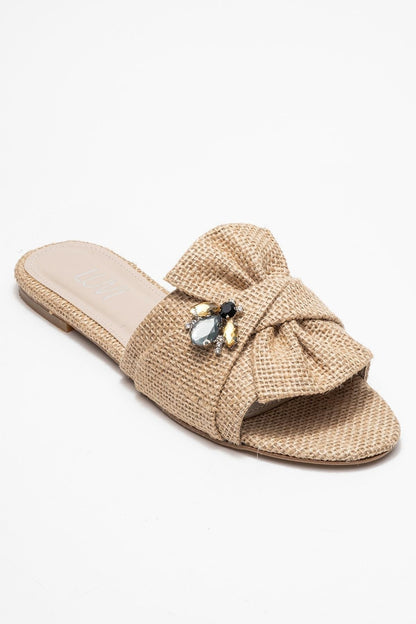 Daphne Beige Raffia Bow Slide Sandal (Women)