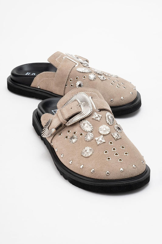 Maril Beige Suede Leather Buckle Slide (Women)