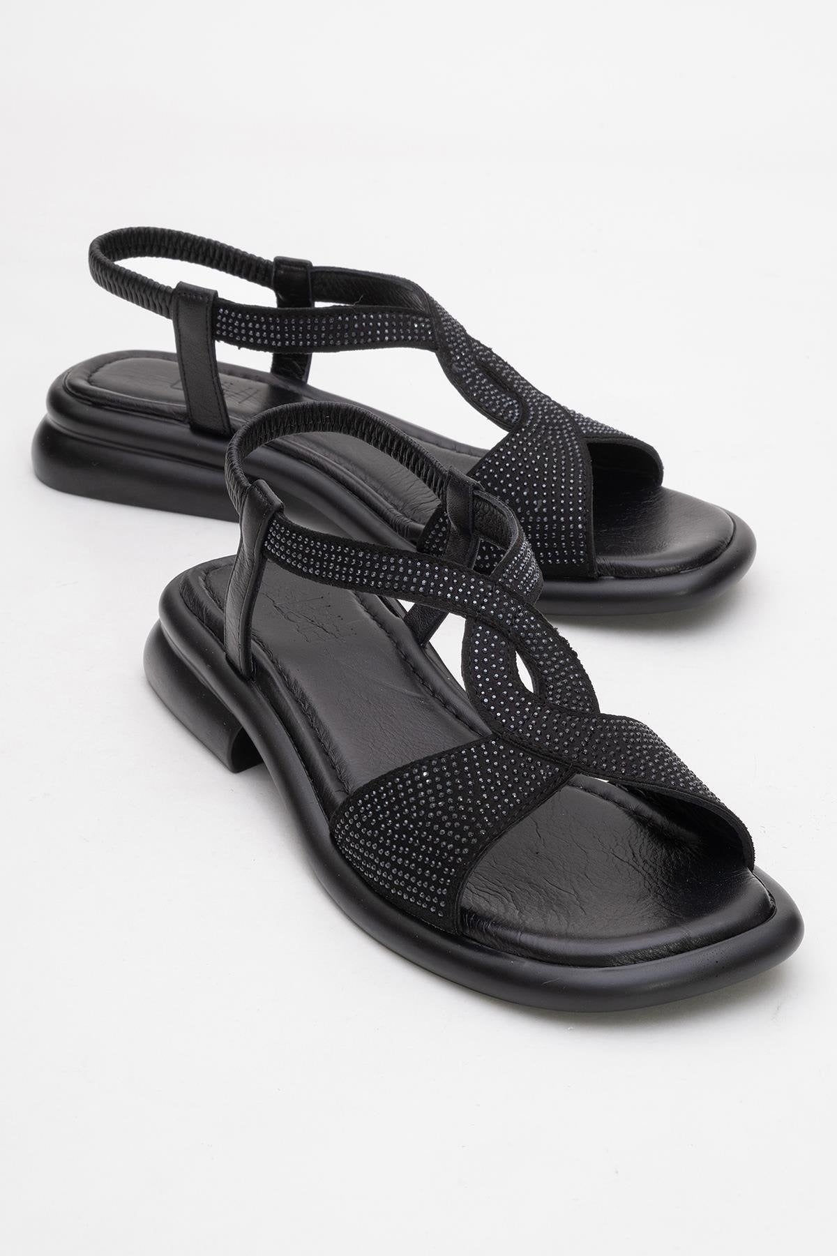 Sieglinde Black Embellished Leather Sandal (Women)