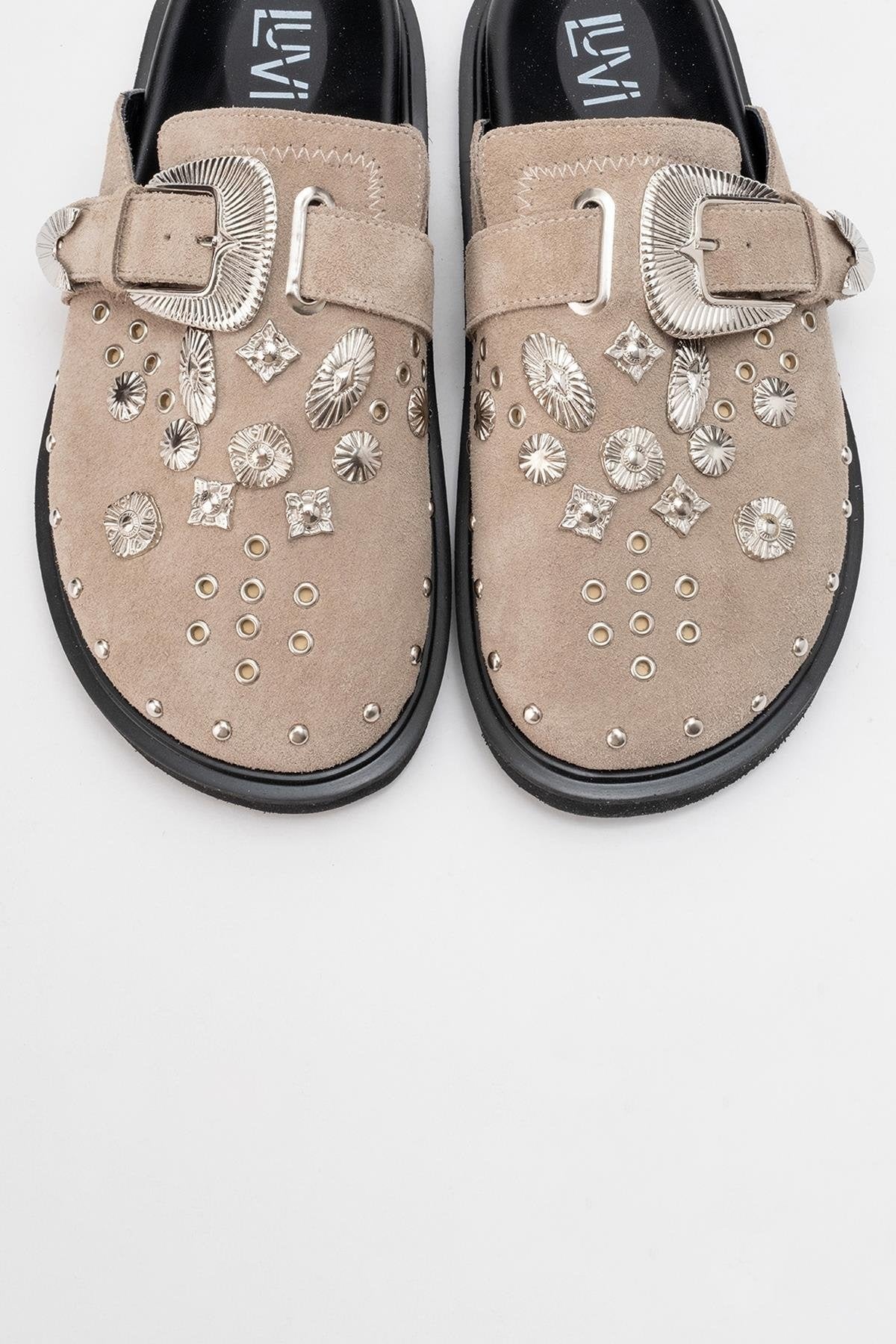 Maril Beige Suede Leather Buckle Slide (Women)