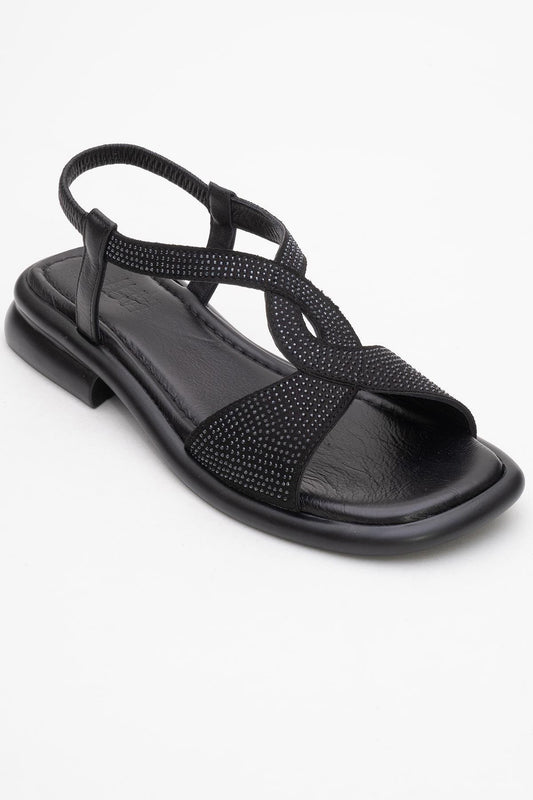 Sieglinde Black Embellished Leather Sandal (Women)