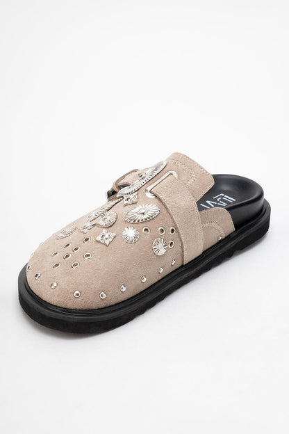 Maril Beige Suede Leather Buckle Slide (Women)