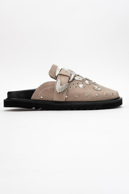 Maril Beige Suede Leather Buckle Slide (Women)