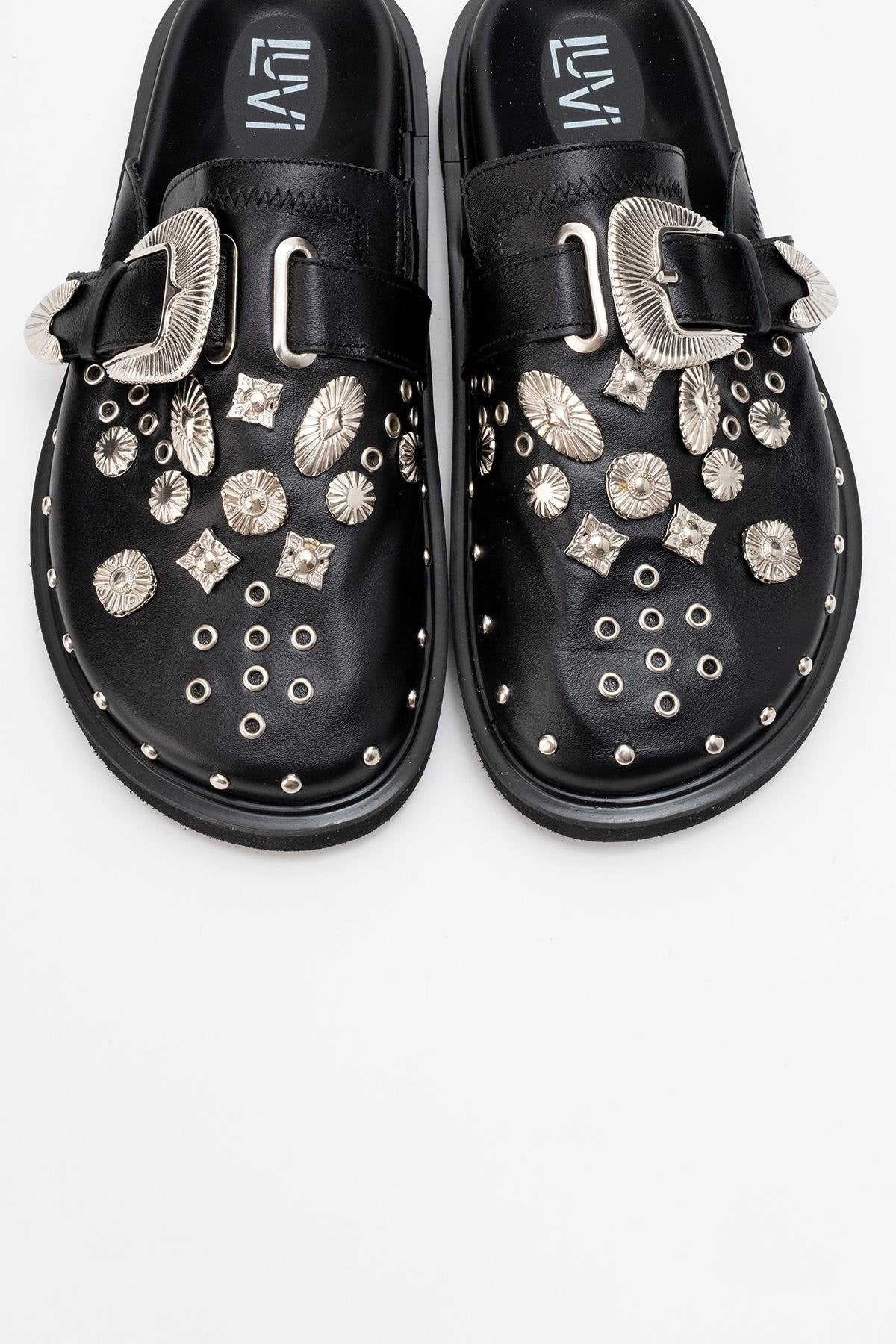 Maril Black Leather Buckle Slide (Women)