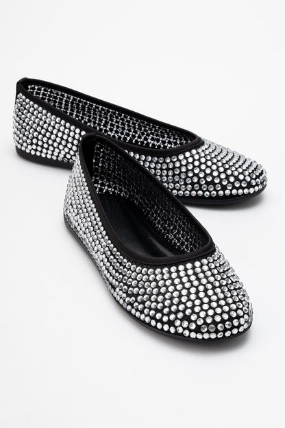 Runway Black Mesh Embellished Ballet Flat (Women)