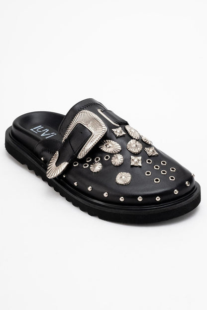 Maril Black Leather Buckle Slide (Women)