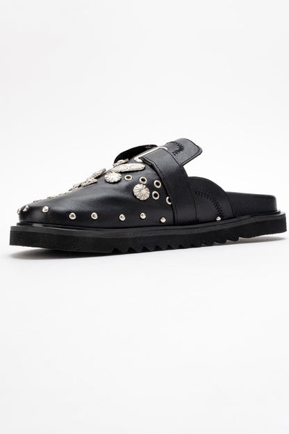 Maril Black Leather Buckle Slide (Women)