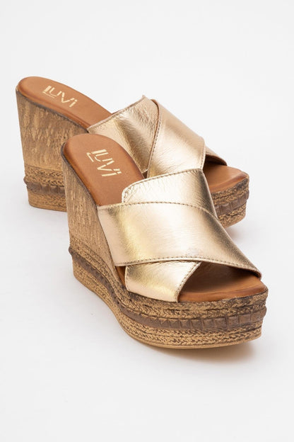 Lois - Gold Wedge Leather Sandal (Women)