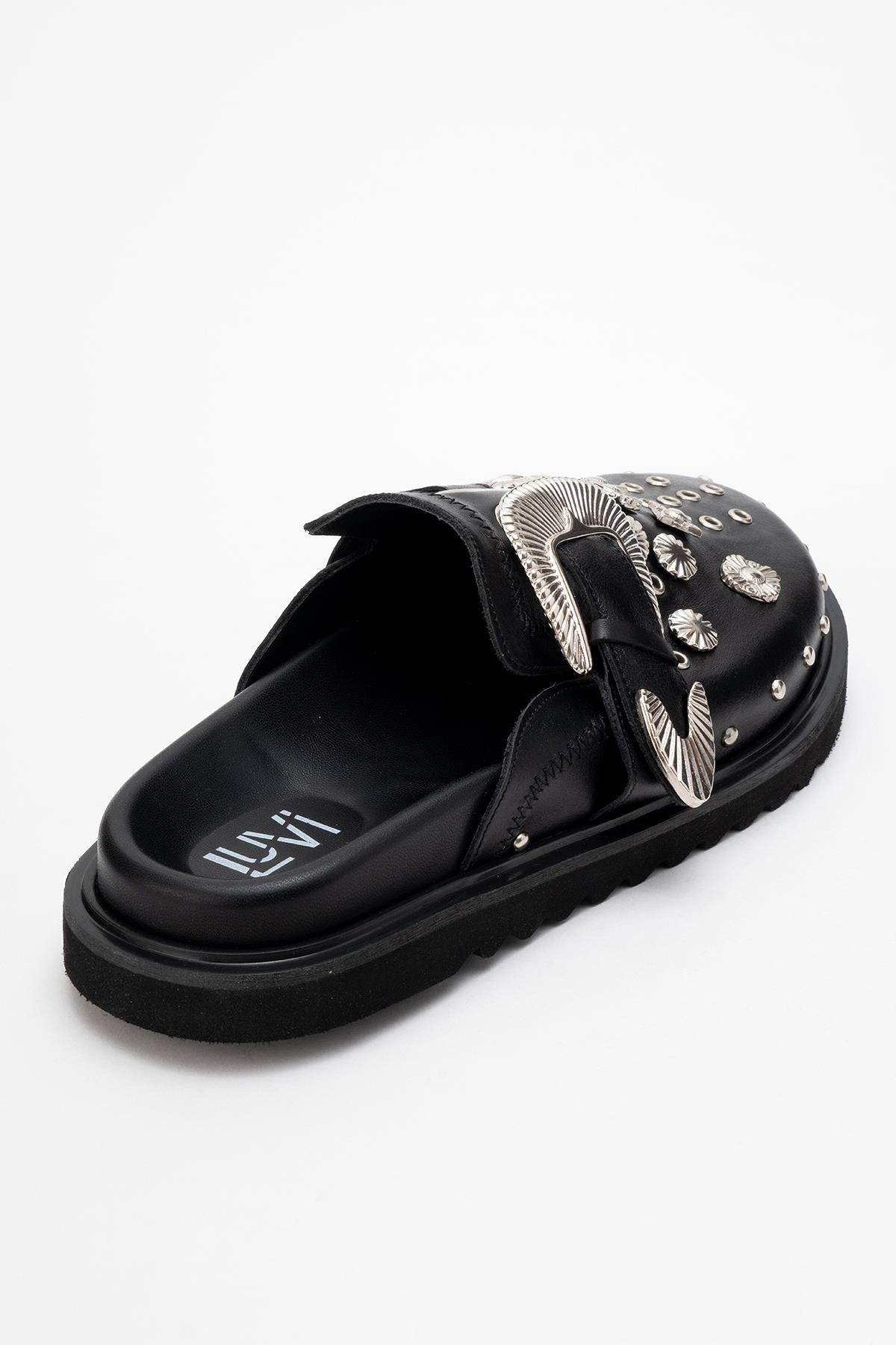 Maril Black Leather Buckle Slide (Women)