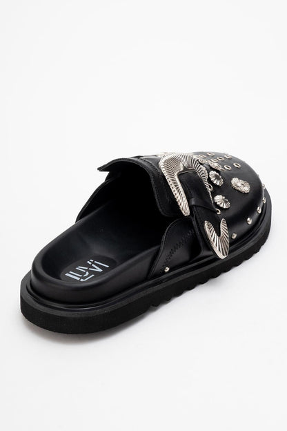 Maril Black Leather Buckle Slide (Women)