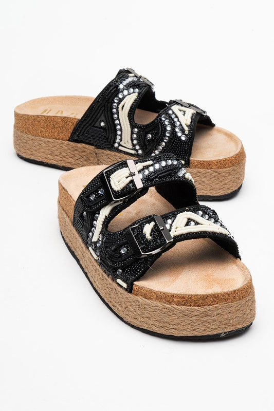 Bobby Black Beaded Straw Platform Slide (Women)