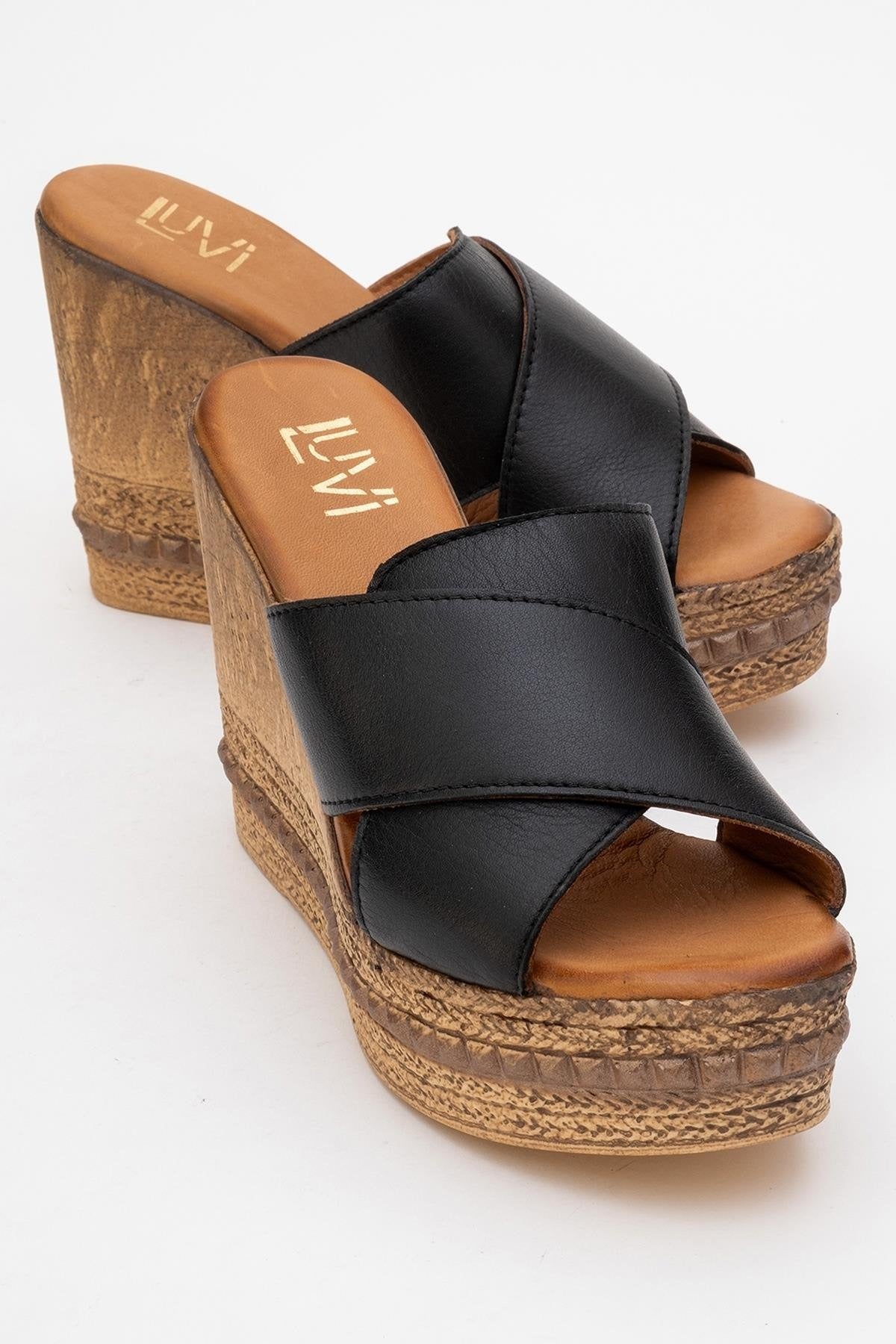 Lois - Black Wedge Leather Sandal (Women)