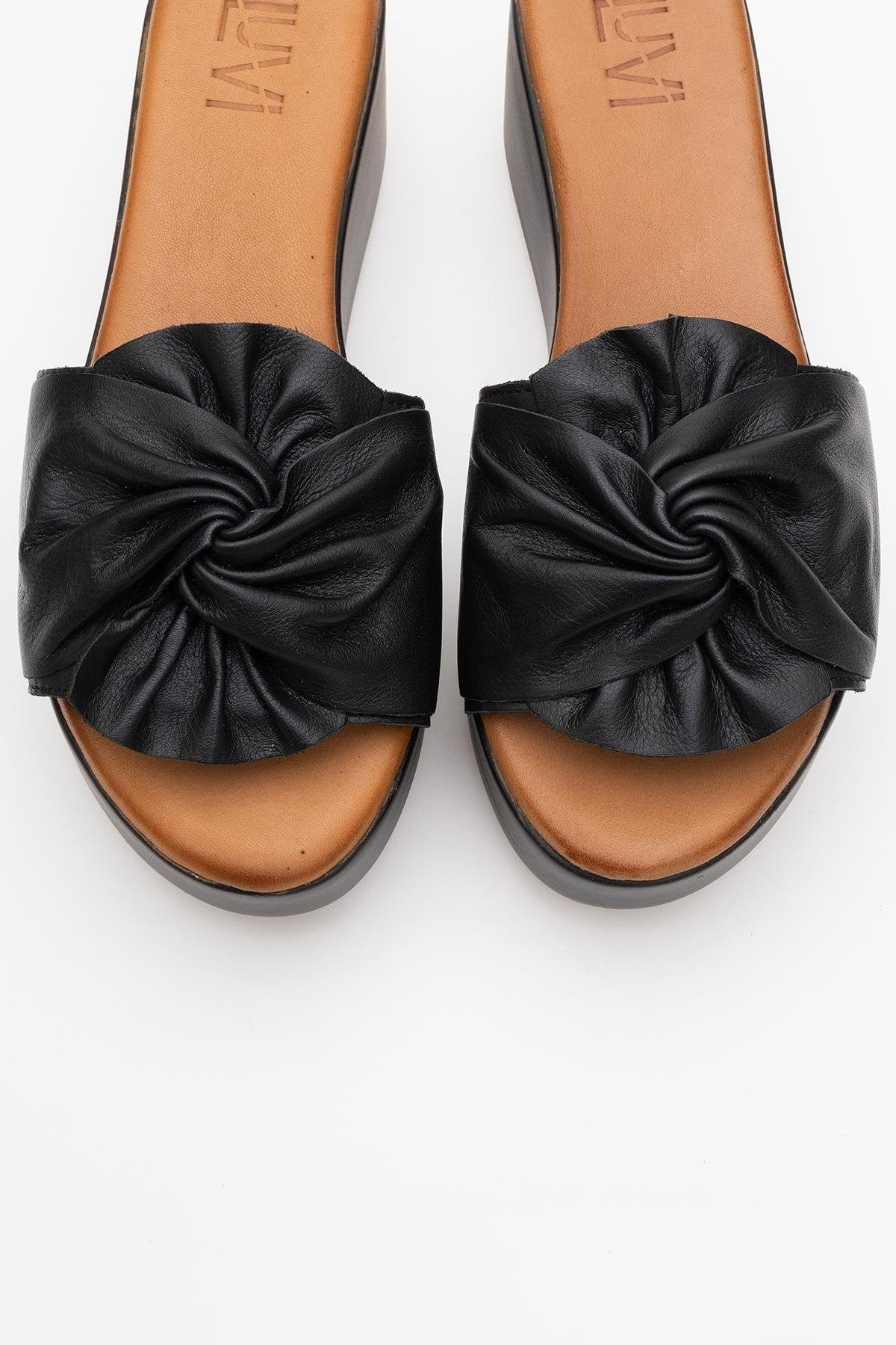 Syndra - Black Bow Wedge Leather Sandal (Women)