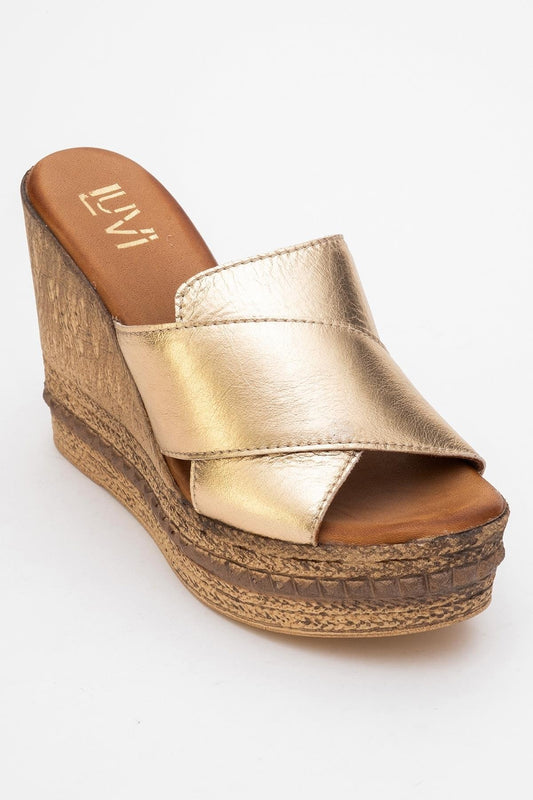 Lois - Gold Wedge Leather Sandal (Women)