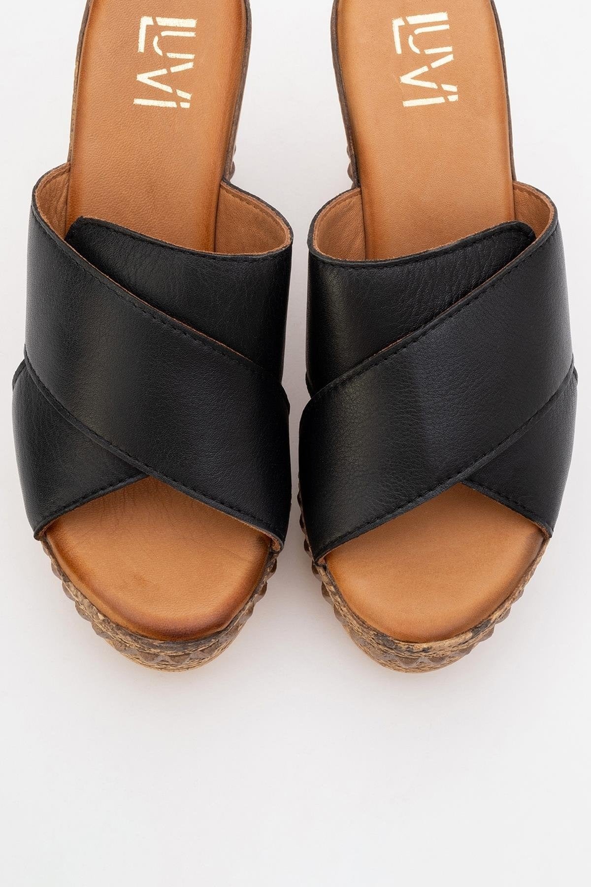 Lois - Black Wedge Leather Sandal (Women)