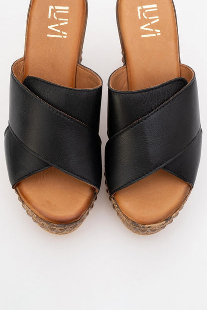Lois - Black Wedge Leather Sandal (Women)