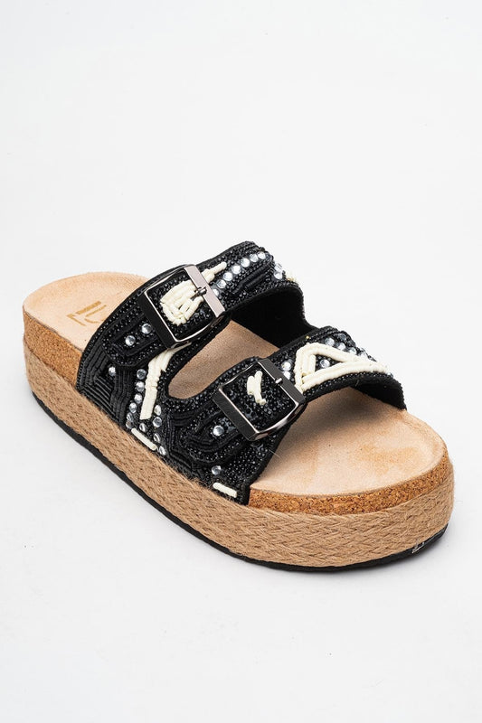 Bobby Black Beaded Straw Platform Slide (Women)