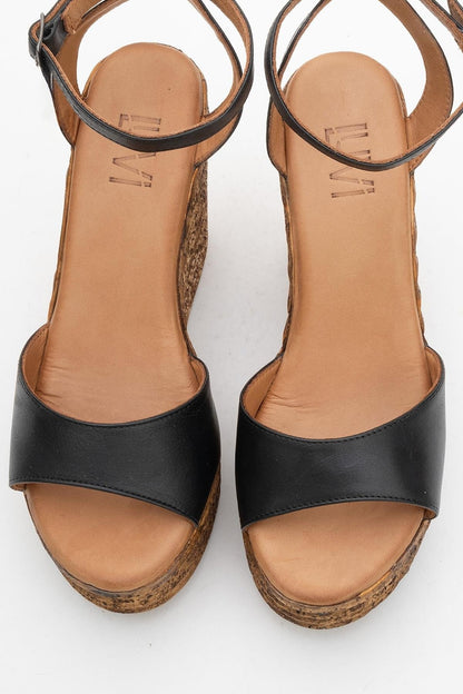 Elsie - Black Wedge Leather Sandal (Women)