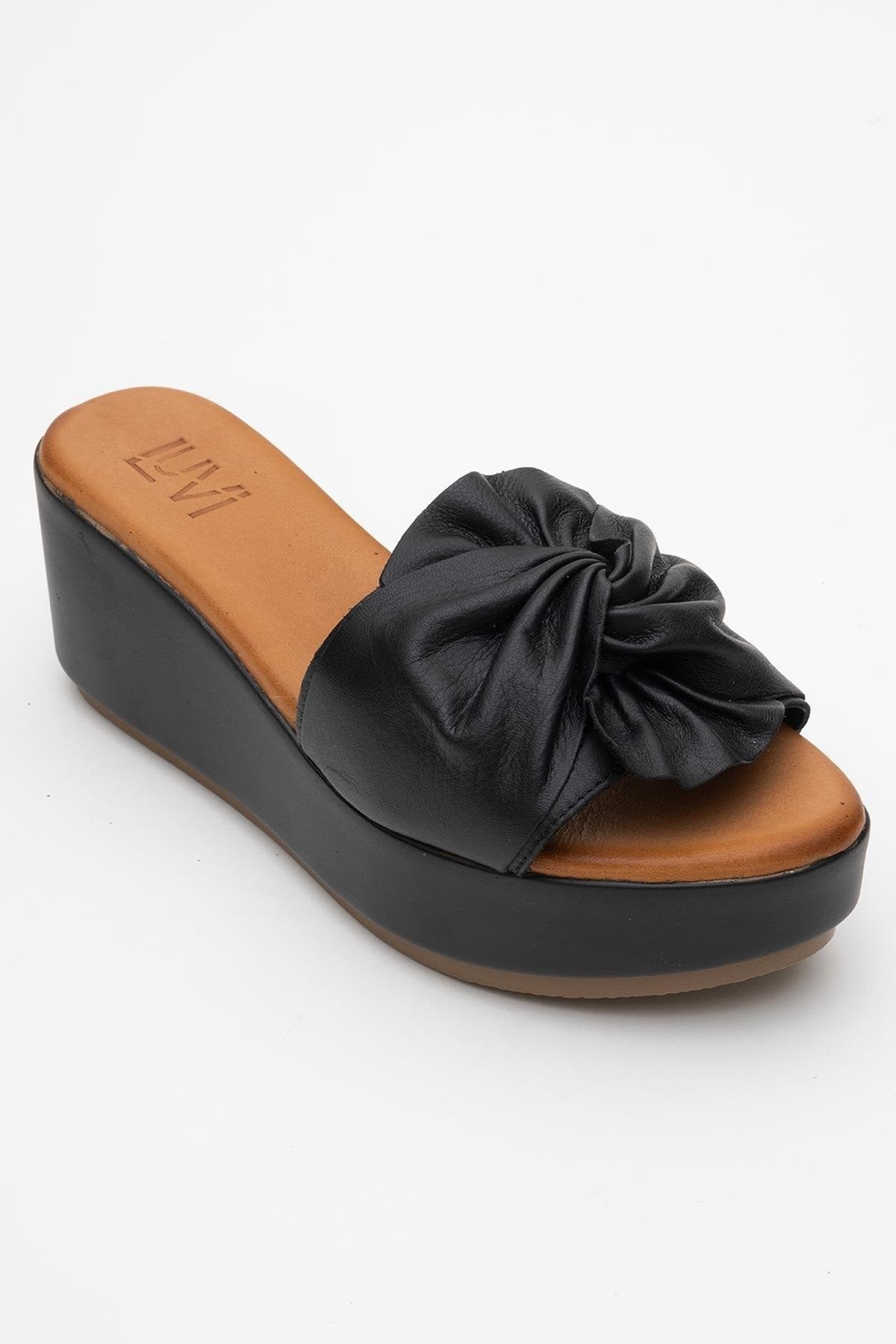 Syndra - Black Bow Wedge Leather Sandal (Women)