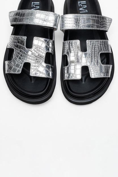 Loana Silver Leather Slide Sandal (Women)