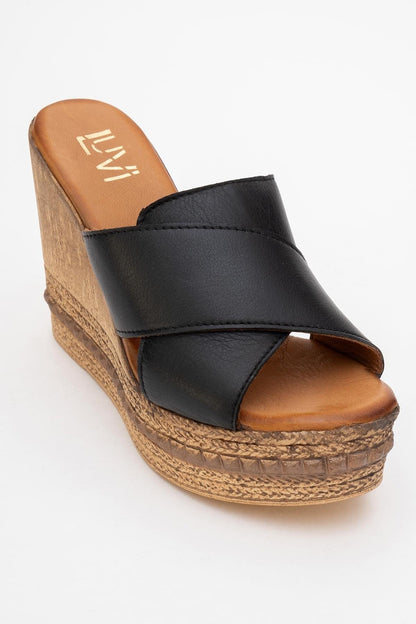Lois - Black Wedge Leather Sandal (Women)