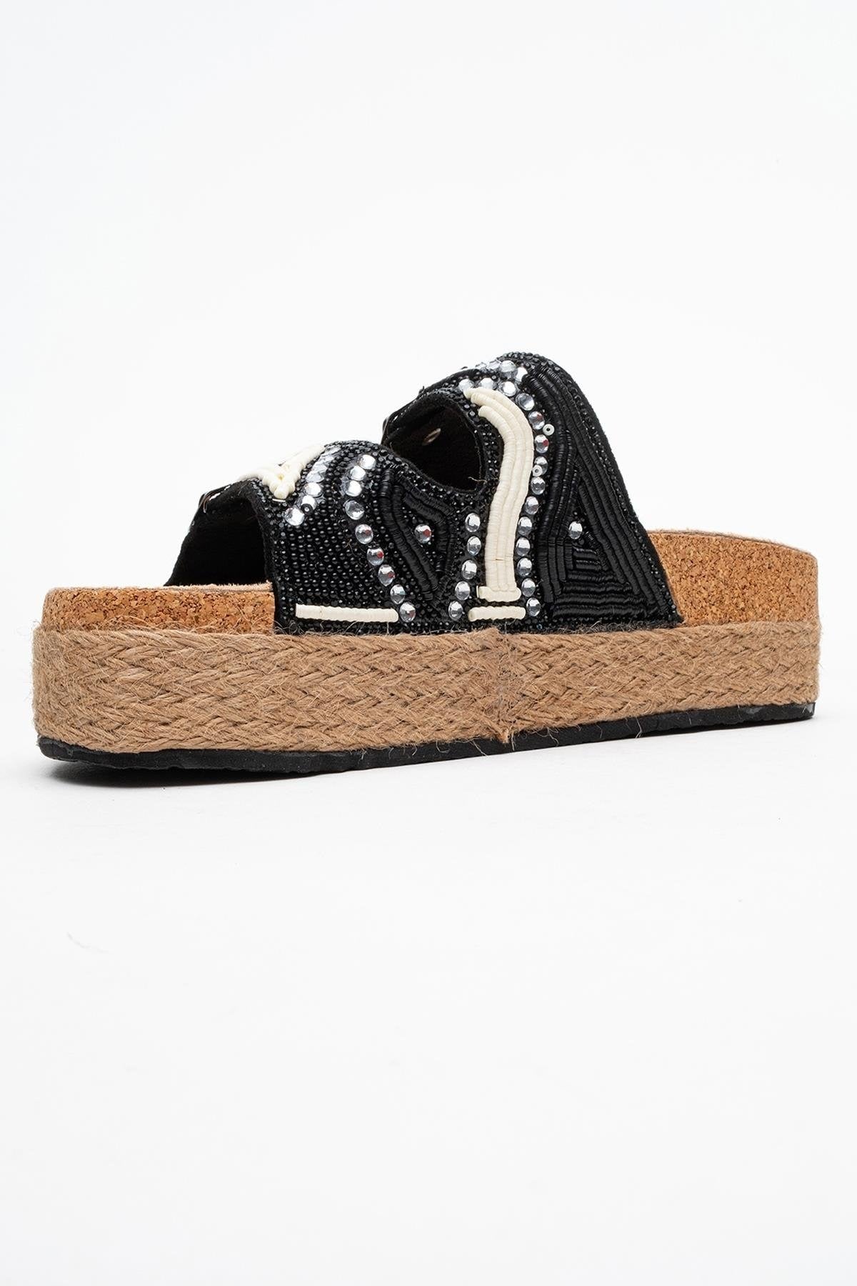 Bobby Black Beaded Straw Platform Slide (Women)